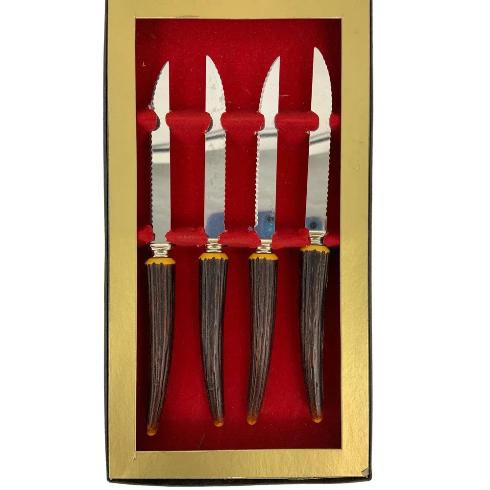 Vintage Stainless Forgecraft Steak Knives Faux Antlers Kitchen Knife Set